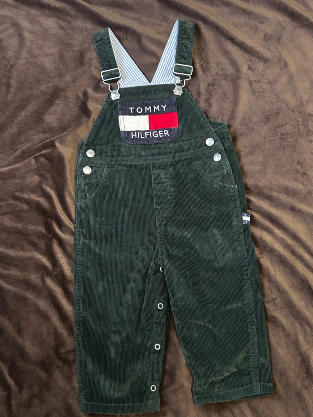 RARE VTG Tommy Hilfiger Big Flag Corduroy Overalls Green